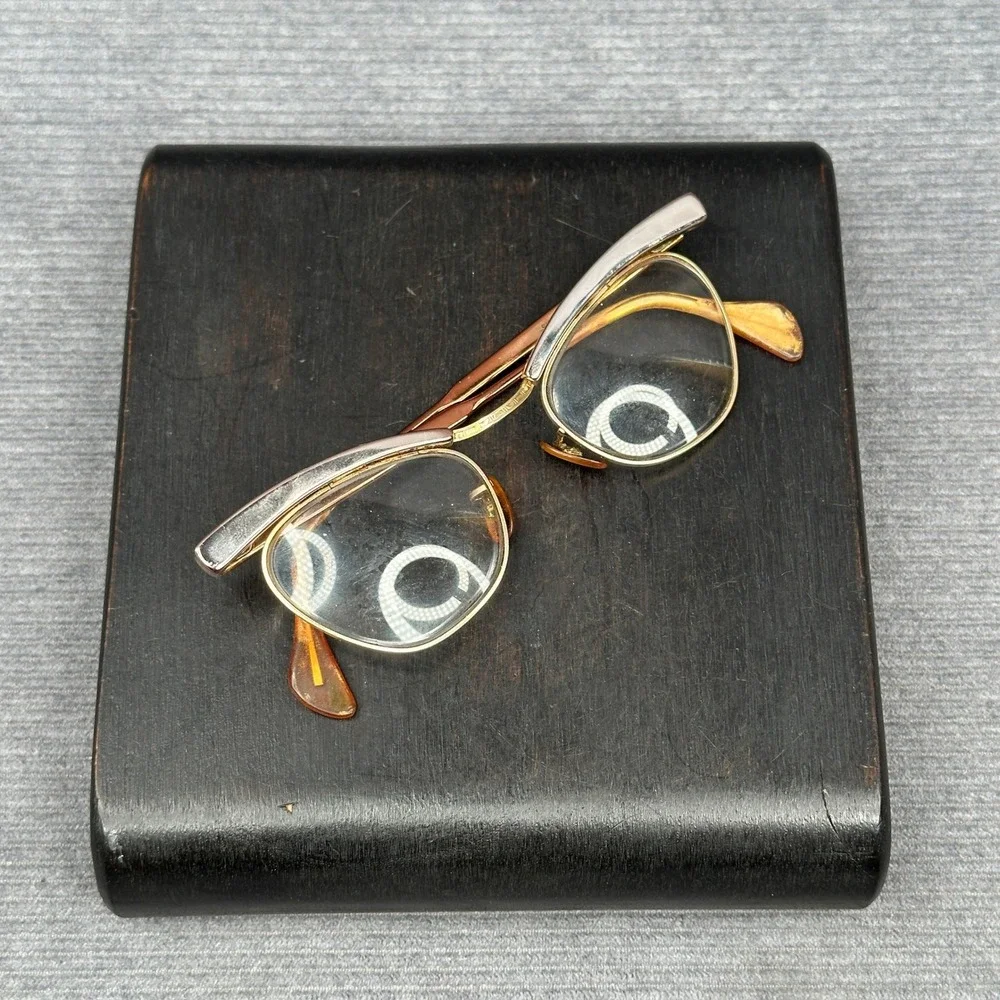 Vintage 50s Shuron Cat Eye Glasses Gold Copper Browline Frames 5 1/4 LO